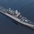 Modern Warship On Open Sea With Radar Antennas Upper Deck Structures And Calm Water Reflections