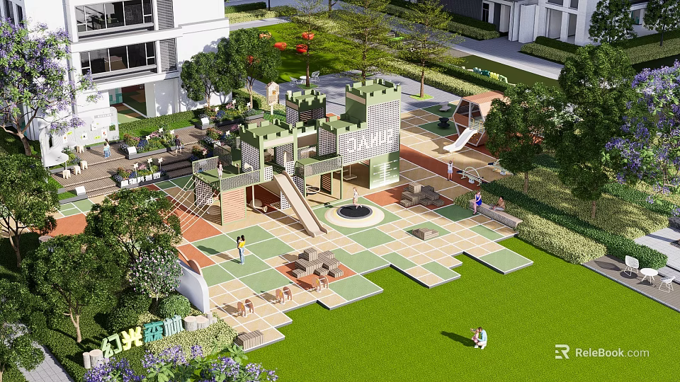 Children's Play Area With Castle Shaped Structures Slide Climbing Frames Green Lawns And Seating Areas 3d model 