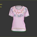 White T Shirt With Colorful Floral Pattern On Collar And Green Trim