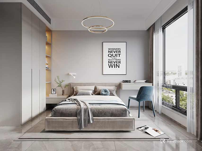 Modern Bedroom Interior With Wardrobe Bed Artwork Ceiling Light Window And Chair 3d model