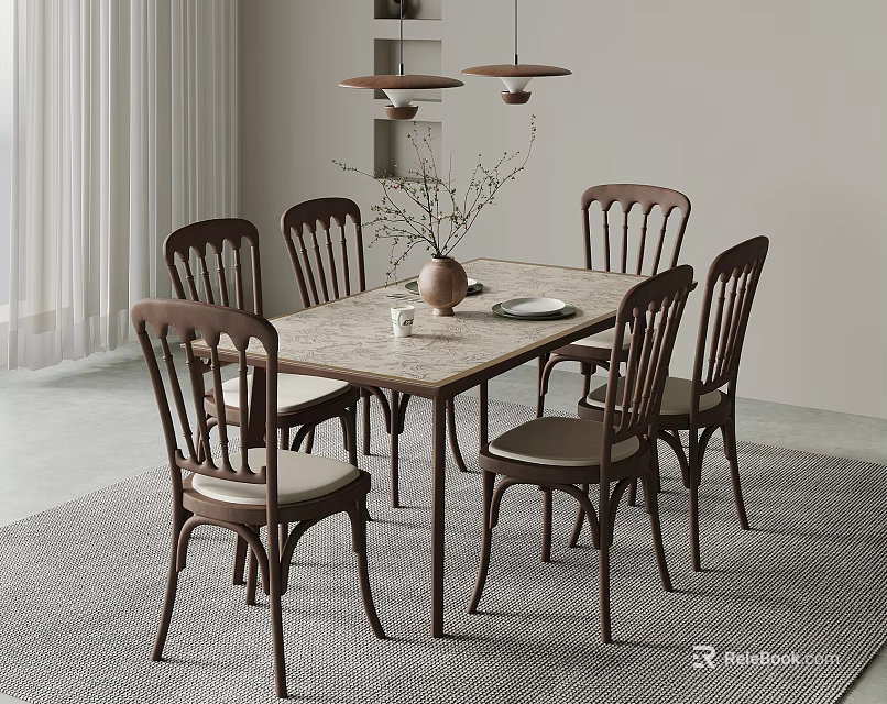 Minimalist Dining Room Interior With Wooden Dining Table Six Chairs Vase And Pendant Lights 3d model 
