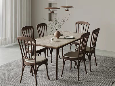 Minimalist Dining Room Interior With Wooden Dining Table Six Chairs Vase And Pendant Lights 3d model