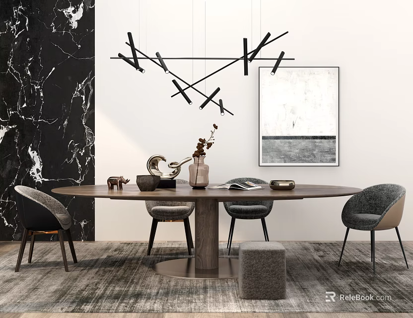 Modern Dining Table Set With Round Table Chairs Stool Marble Wall Hanging Light Abstract Painting 3d model