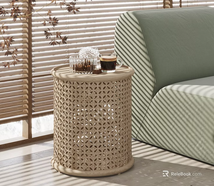 Woven Rattan Side Table In Living Room With Green Striped Sofa And Sunlight Through Blinds 3d model 
