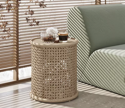 Woven Rattan Side Table In Living Room With Green Striped Sofa And Sunlight Through Blinds 3d model