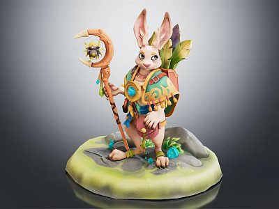 Game Movie Rabbit Character With Moon Star Staff Patterned Outfit On Green Base 3d model