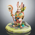 Game Movie Rabbit Character With Moon Star Staff Patterned Outfit On Green Base