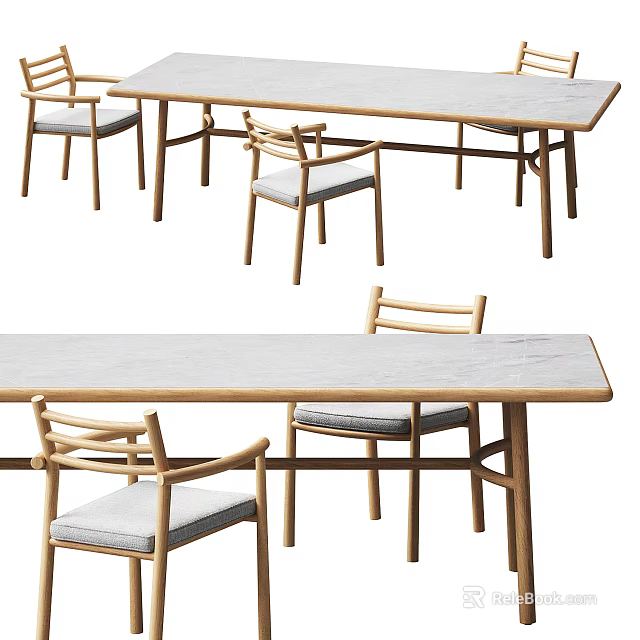 Modern Dining Table Set With Rectangular Marble Top And Wooden Chairs With Padded Seats 3d model
