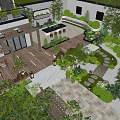 Garden Landscape Design With Wooden Deck Pergola Green Plants And Stone Pathway