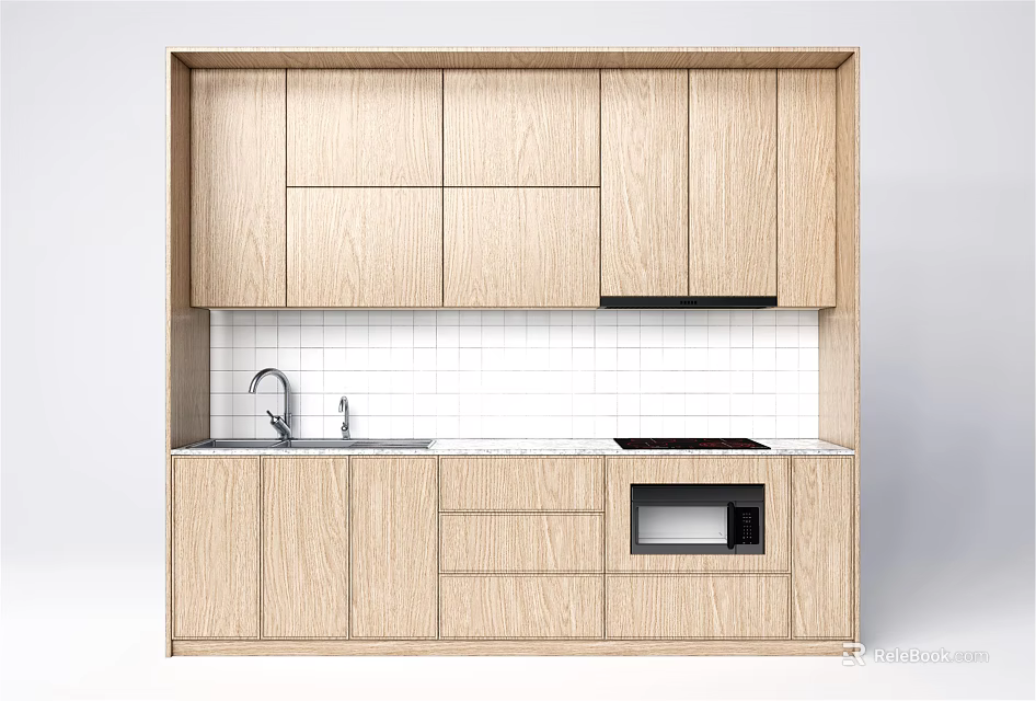 Modern Kitchen With Wooden Upper And Lower Cabinets Sink Stove And White Tile Backdrop 3d model 