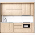 Modern Kitchen With Wooden Upper And Lower Cabinets Sink Stove And White Tile Backdrop