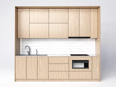 Modern Kitchen With Wooden Upper And Lower Cabinets Sink Stove And White Tile Backdrop 3d model
