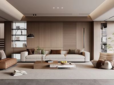 Modern Living Room Interior With Beige Sofa Wooden Wall Coffee Table And Decorative Lamp 3d model