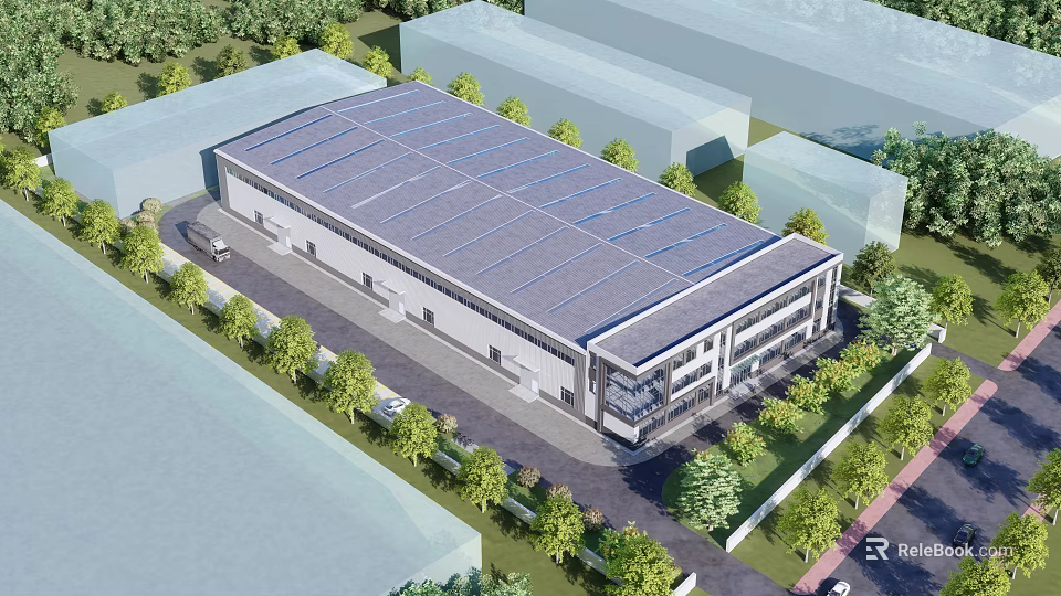 Modern Industrial Factory Building Exterior With Steel Structure And Green Landscaping 3d model 