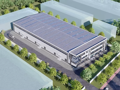 Modern Industrial Factory Building Exterior With Steel Structure And Green Landscaping 3d model