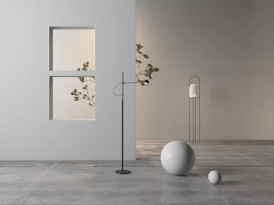 Modern Floor Lamp with Green Plant White Sphere and Window Light on Gray Tile Floor 3d model