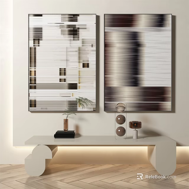 Modern Minimalist Abstract Paintings on White Wall with Decorative Plants and Spherical Sculptures 3d model 