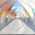 Arched Structures Pathway Over Water With Blue Sky And Mirror Reflections