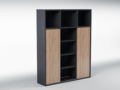 Modern Black Wooden Bookcase With Open Compartments And Cabinet Doors For Home Storage 3d model