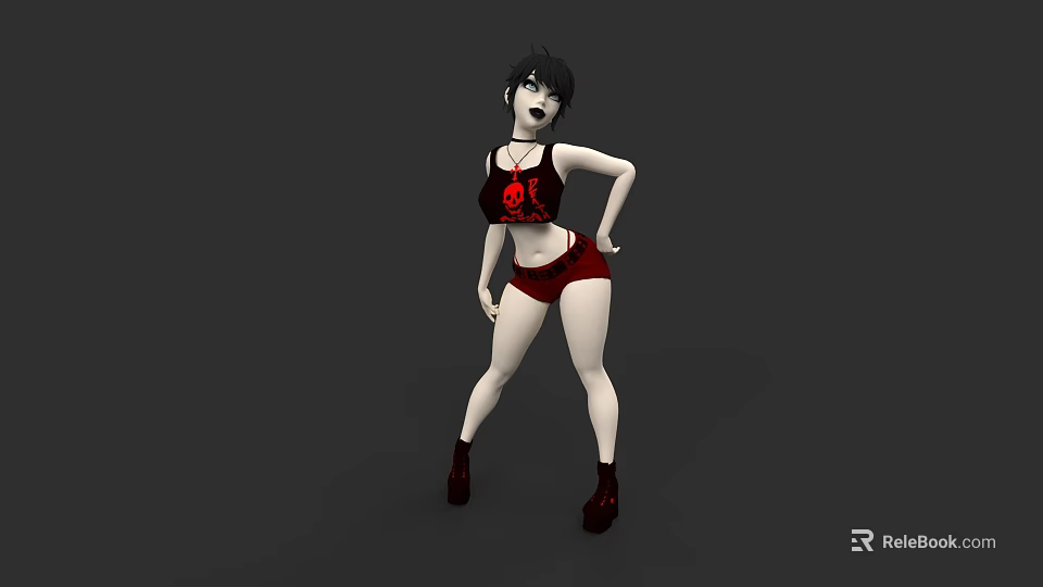 Woman With Black Hair Wearing Black Tank Top Red Shorts Posing With Red High Heels 3d model 