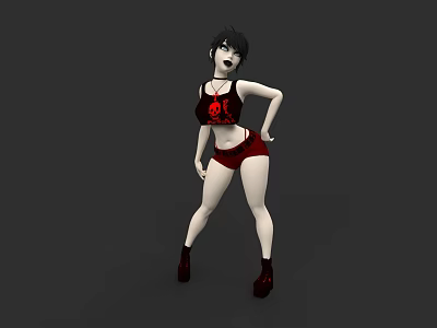 Woman With Black Hair Wearing Black Tank Top Red Shorts Posing With Red High Heels 3d model