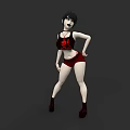 Woman With Black Hair Wearing Black Tank Top Red Shorts Posing With Red High Heels