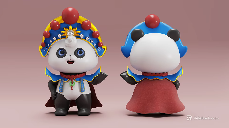 Cute Panda Doll In Peking Opera Style With Colorful Hat And Red Cape 3d model 