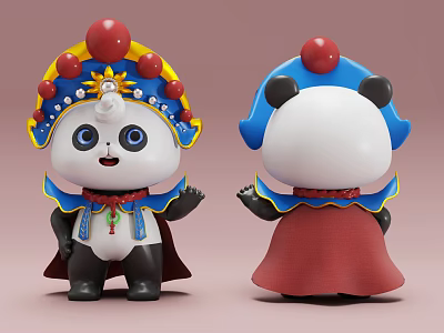 Cute Panda Doll In Peking Opera Style With Colorful Hat And Red Cape 3d model