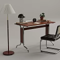 Modern Workspace With Brown Wooden Desk Leather Chair Floor Lamp Table Lamp And Potted Plant