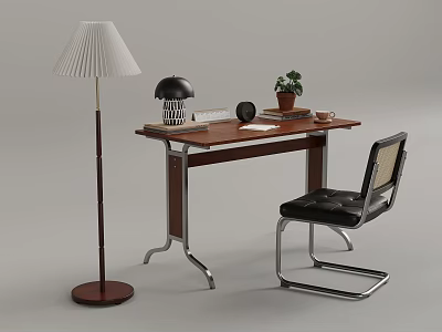 Modern Workspace With Brown Wooden Desk Leather Chair Floor Lamp Table Lamp And Potted Plant 3d model