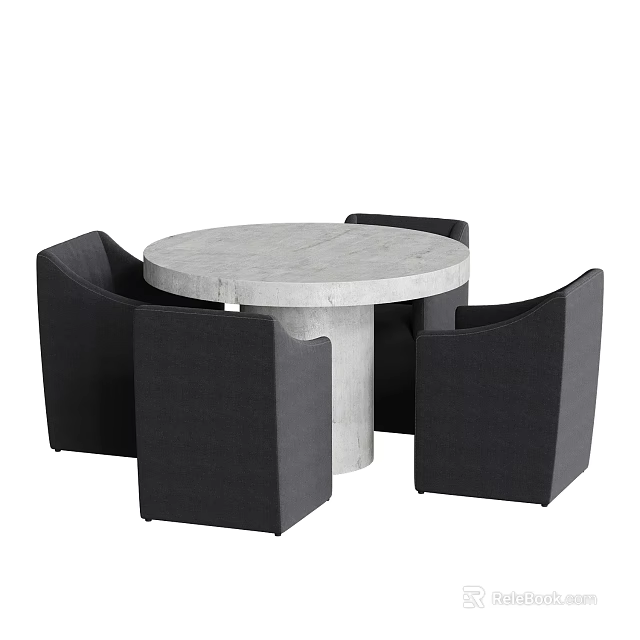 Modern Round Stone Table with Four Black Upholstered Chairs Dining Set 3d model