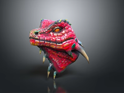 Vibrant Red Reptile Head With Yellow Eyes Spikes And Sharp Fangs 3d model