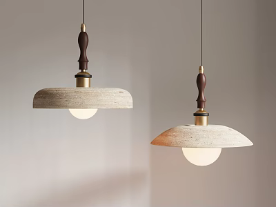 Two Wooden Pendant Lights Dome Shaped Design with White Bulbs Hanging Against Light Colored Wall 3d model