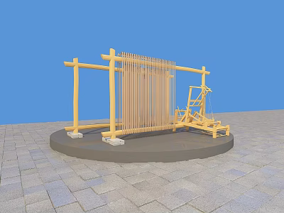 Traditional Yellow Loom Displayed on Circular Platform with Blue Background and Gray Brick Ground 3d model