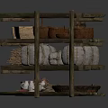 Multi tiered Rustic Wooden Shelf Displaying Baskets Clay Pots Fabric Rolls And Tray