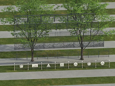 Outdoor Railings with Various Designs Green Trees and Grass Along Walkway 3d model