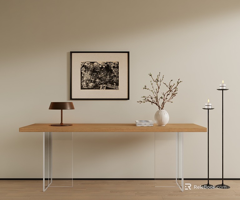 Natural Wooden Console Table With Modern Design Vase Dried Branches And Wall Art 3d model 