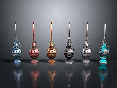 Various Colored Decorative Metal Lanterns With Intricate Designs And Reflections 3d model