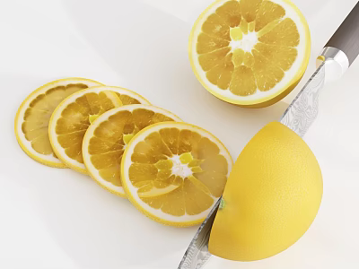 Fresh Lemons With Whole Halved And Sliced Pieces On White Background With Knife 3d model