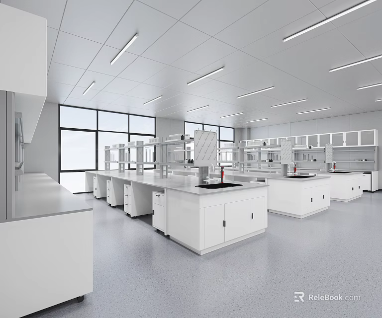 Modern Clean Laboratory Interior With Workbenches And Windows 3d model