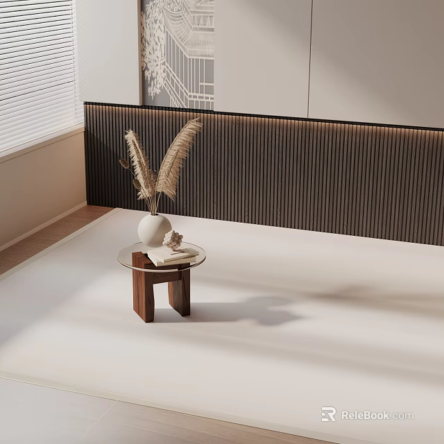 Wooden Side Table With Glass Top White Vase And Dried Pampas Grass In Minimalist Room 3d model 