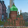 Historic Church Building With Green Dome Red Brick And Traditional Architecture In Urban Setting