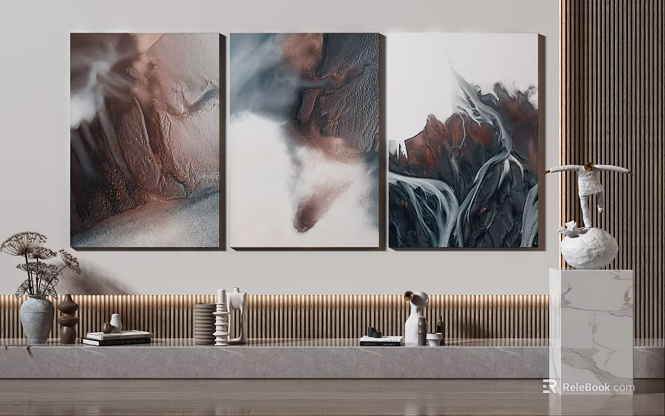 Three Abstract Paintings Featuring Fluid Colors And Marbled Textures For Modern Wall Decor 3d model 