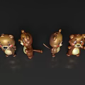Cute Brown Reptile Figurines In Different Poses On Black Background With Reflection