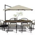 Outdoor Garden Wooden Table And Rattan Chairs Set With White Umbrella And Small Plant