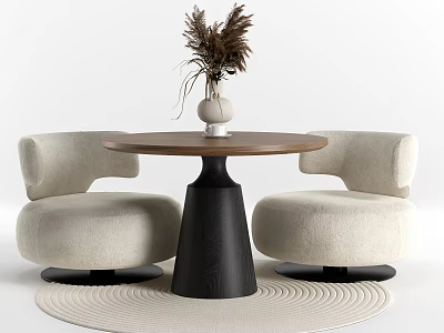 Stylish Round Wooden Table Set with Beige Padded Chairs and White Vase Decor 3d model