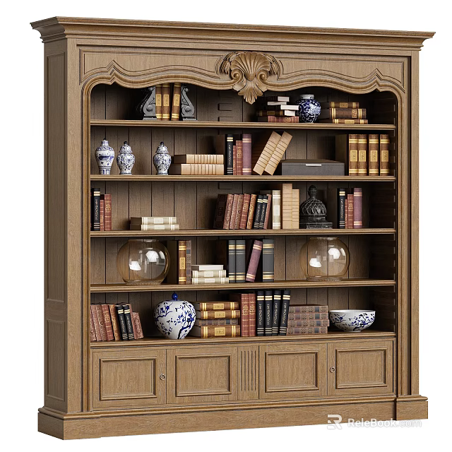 Classic Wooden Bookcase With Carved Top And Shelves Filled With Books Vases And Decorative Items 3d model 