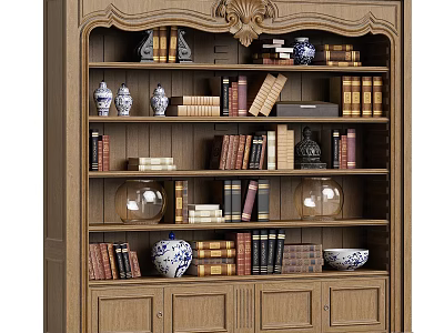 Classic Wooden Bookcase With Carved Top And Shelves Filled With Books Vases And Decorative Items 3d model