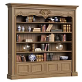Classic Wooden Bookcase With Carved Top And Shelves Filled With Books Vases And Decorative Items