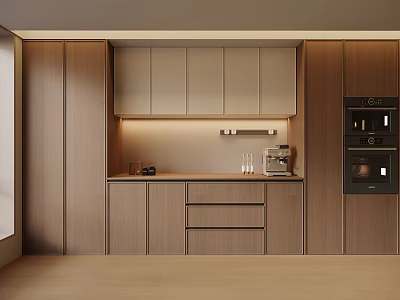 Modern Wooden Sideboard In Kitchen With Storage Cabinets Drawers And LED Lighting 3d model